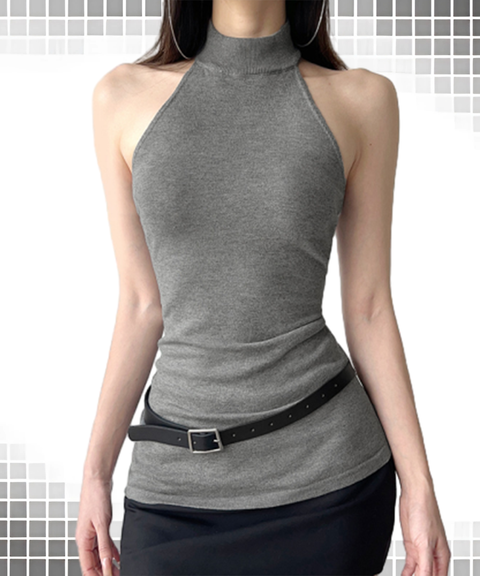 Minimalist Grey Mid-High Neck Backless Halter Workwear Top