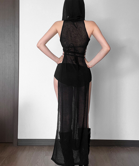 Women’s Sexy Clothing, Solid Color Hooded Hollow Knit Slim-Fit Dress, Nightout OOTD