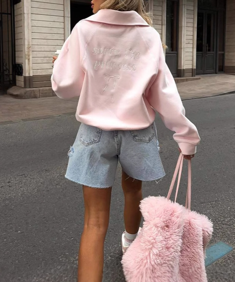 Letter Embroidery Half-Zip Loose Casual Cozy Sweatshirt