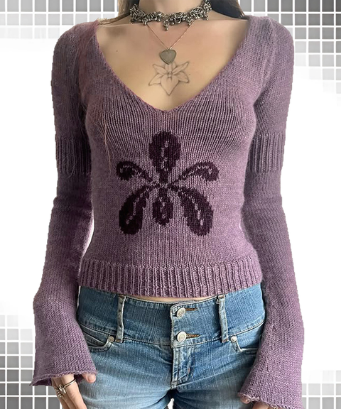 Floral Jacquard V-Neck Casual Long Sleeve Sweater