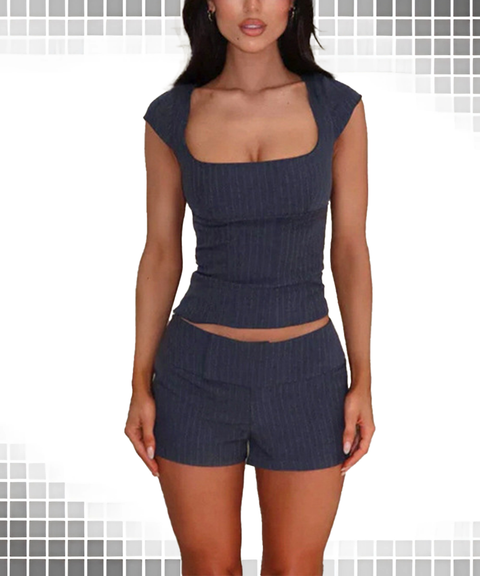Chic Striped Backless Blazer Top and Shorts Set