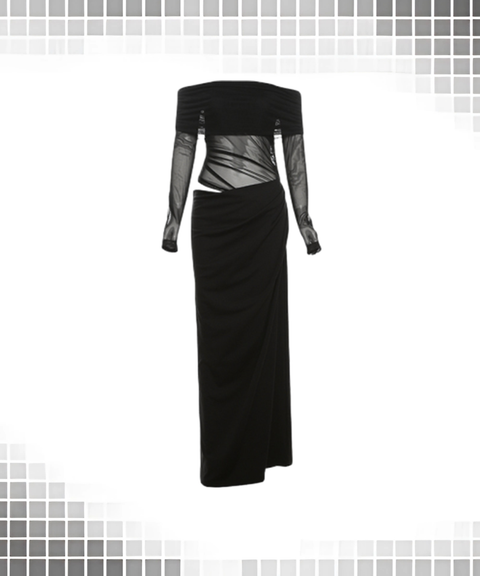 Elegant Sheer Mesh Off-Shoulder Maxi Dress