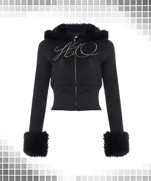 Fuzzy Long Sleeve Zip-Up Hoodie & Rhinestone Letter Jogger Two-Piece Set