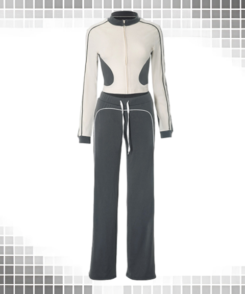 Colorblock Trim Zip-Up Collarless Elastic Waist High-Waist Pants Set