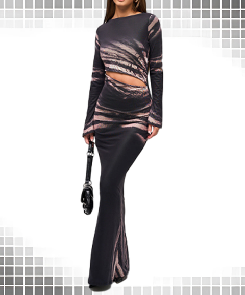 Diagonal Print Cut-Out Waist Sexy Bodycon Maxi Dress