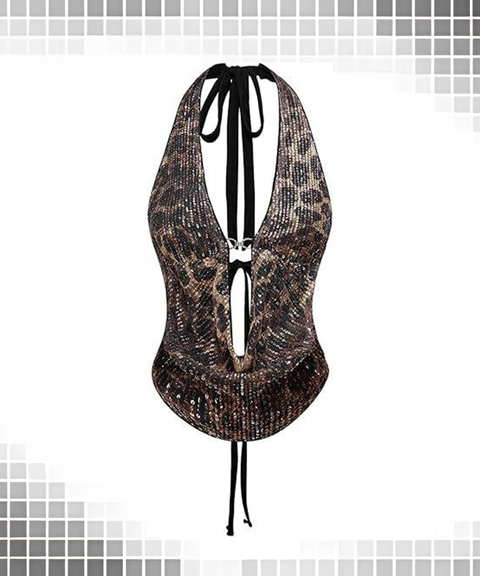 Women’s Sexy Clothing, Leopard Sequin Tie-Up Backless Halter Waist-Cinching Top, Nightout OOTD