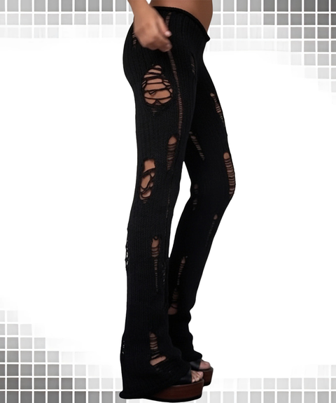 Street Style Hollow Distressed Knit Slim-Fit Pants