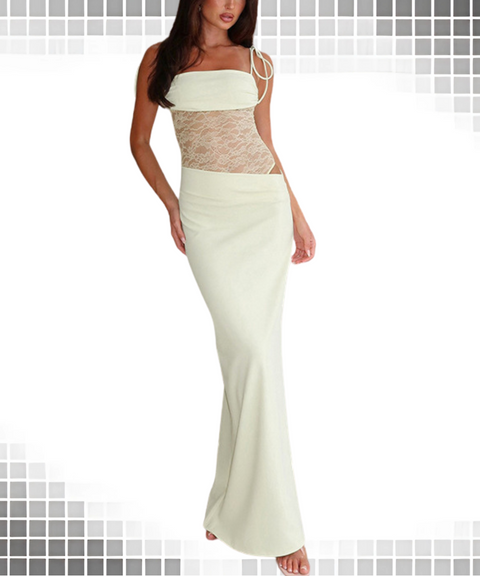 Lace panel suspender strap waistless dress