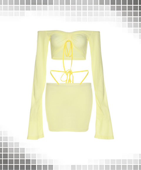 One-shoulder long-sleeved drawstring skirt two-piece set