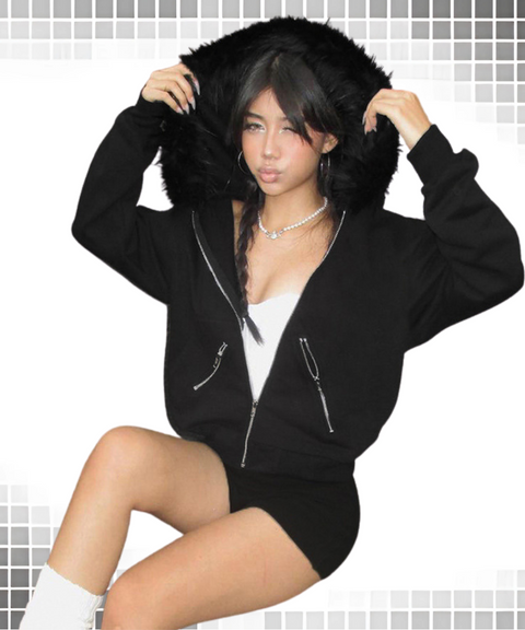 Zippered hooded fur collar sweatshirt jacket