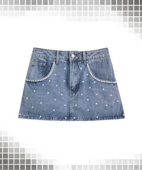 Pearl embellished low-rise denim skirt