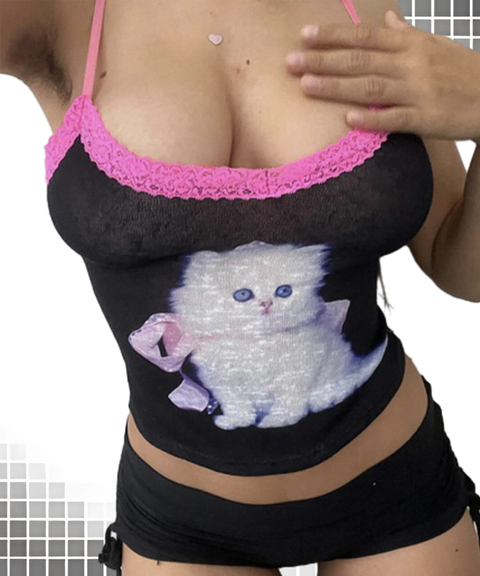 Vintage Cat Print Lace Trim Tank Top