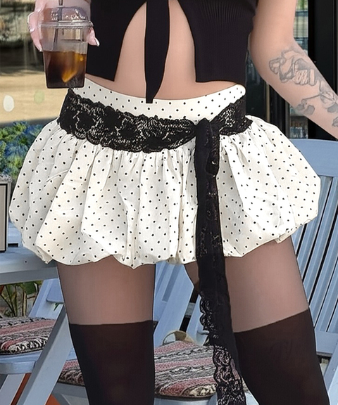 Polka Dot Lace Tie-Up Ruffle Mini Skirt