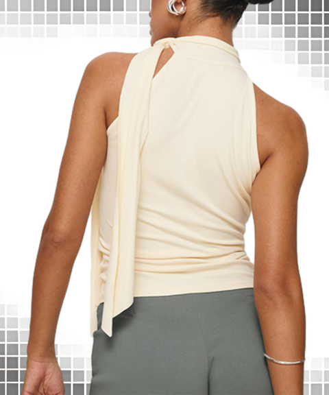 Solid Color Sleeveless High Neck Ribbon Tie Top