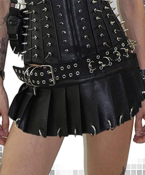 Street Dark Punk Layered Pleated Metal Leather Skirt