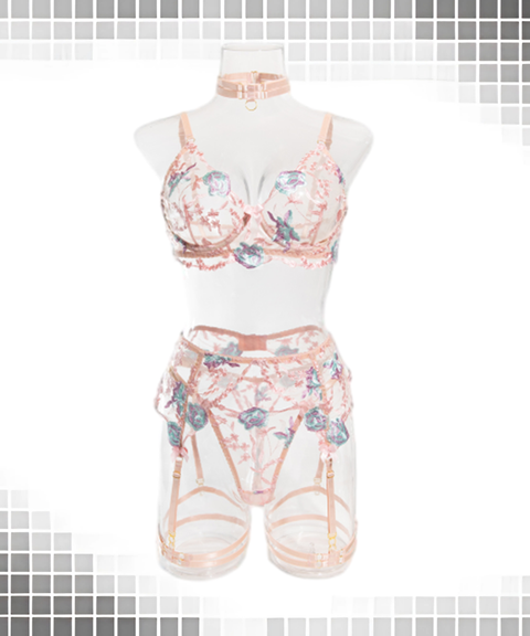 Women's Sexy Clothing, Sexy Sheer Heavy Embroidery Flower Buttock-Revealing Body Shaping Set, Nightout OOTD