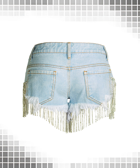 Fringe Chain Rhinestone Push-Up Wide-Leg Denim Shorts