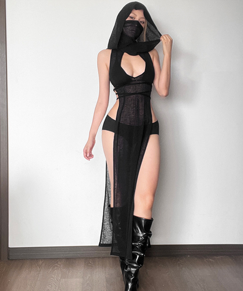 Women’s Sexy Clothing, Solid Color Hooded Hollow Knit Slim-Fit Dress, Nightout OOTD