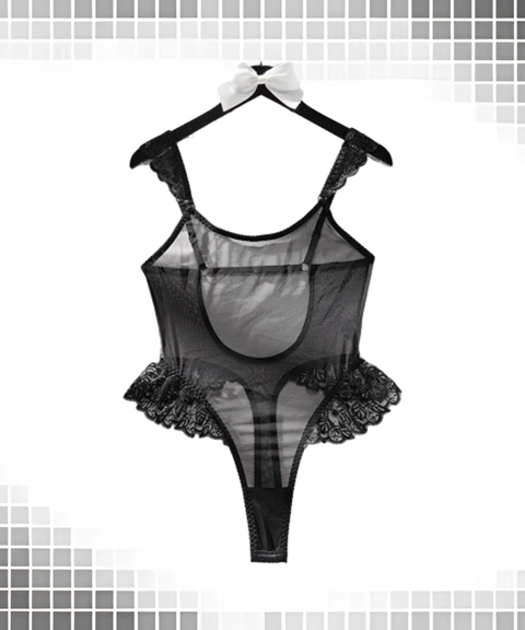 Women’s Sexy Clothing, Ruffle Trim Mesh Spliced Sheer Backless Shaping Bodysuit Lingerie, Nightout OOTD