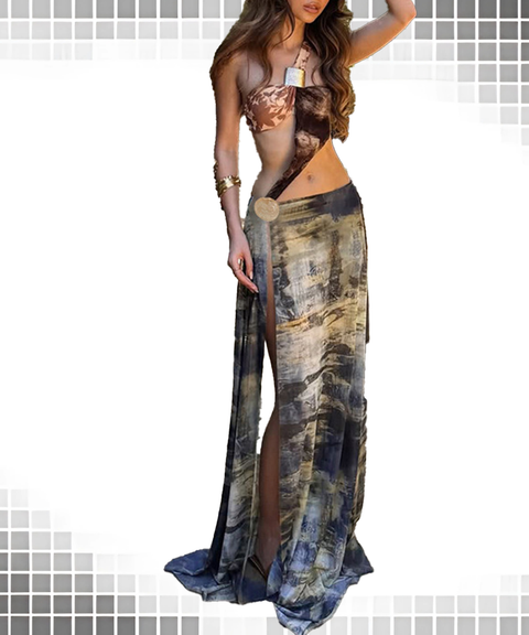 Sexy Mesh One-Shoulder High-Slit Dress with Exposed Waist