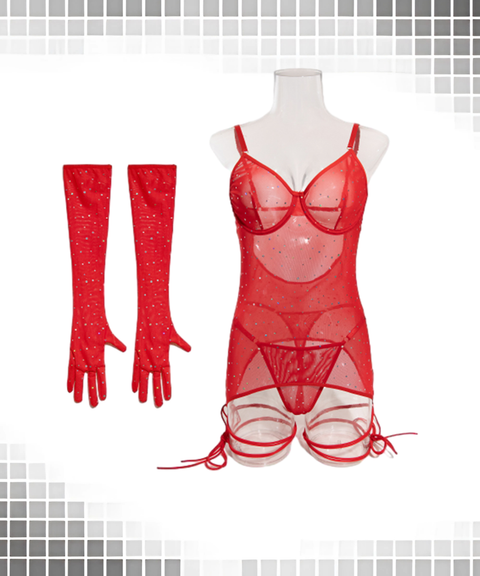 Women’s Sexy Clothing, Sexy Sequin Underwire Sheer Push-Up Slimming Dress with Gloves & Straps, Nightout OOTD