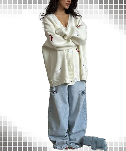 Dachshund Embroidery Sweater Loose V-Neck Long Sleeve Lazy Style Cardigan