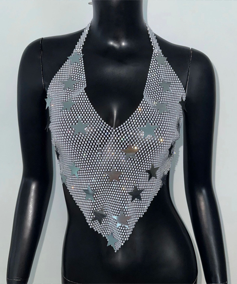 Women’s Sexy Clothing, Starry Sequin Halter Top Festival Hot Girl Outfit Rhinestone Fishnet Cami, Nightout OOTD