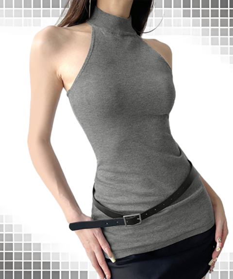 Minimalist Grey Mid-High Neck Backless Halter Workwear Top