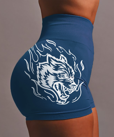 Wolf Head Print Seamless High-Stretch Knit High-Waist Yoga Butt-Lifting Shorts