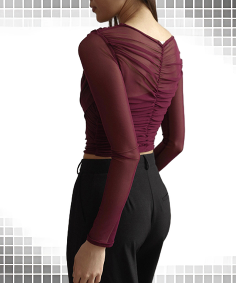 Solid Mesh Sexy Ruched Long Sleeve T-Shirt Top