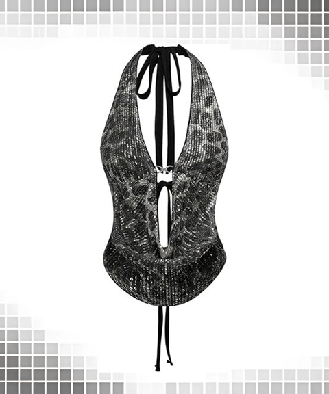 Women’s Sexy Clothing, Leopard Sequin Tie-Up Backless Halter Waist-Cinching Top, Nightout OOTD