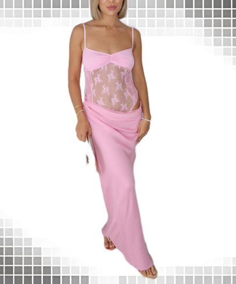 Spaghetti Strap Lace Bodysuit with Draped Fishtail Hem Dress