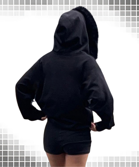 Zippered hooded fur collar sweatshirt jacket