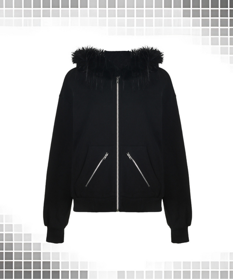 Zippered hooded fur collar sweatshirt jacket