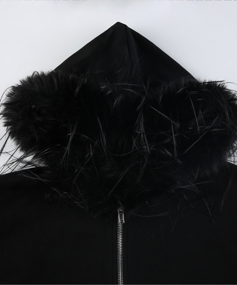 Zippered hooded fur collar sweatshirt jacket