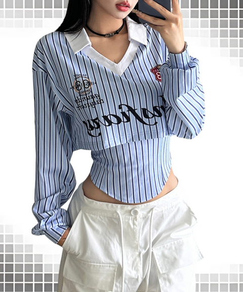 Street lapel print long-sleeved two-piece top