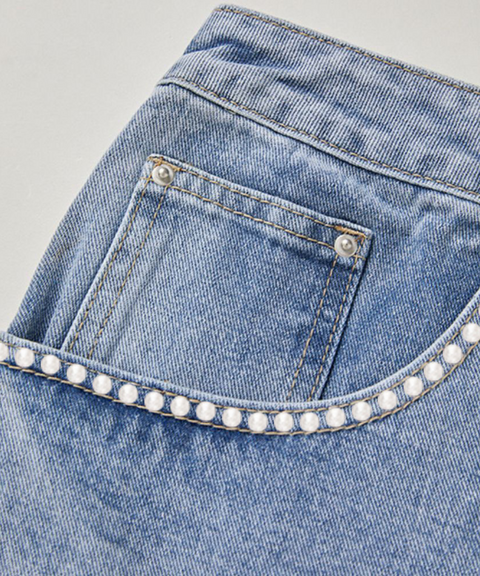 Pearl embellished low-rise denim skirt