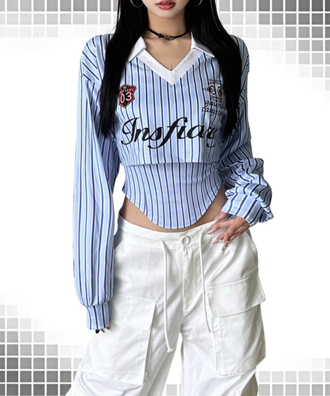 Street lapel print long-sleeved two-piece top