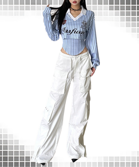 Street lapel print long-sleeved two-piece top