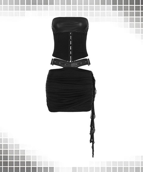 Waist-Cinching Cutout Leather Hip-Hugging Set with Harness Belt