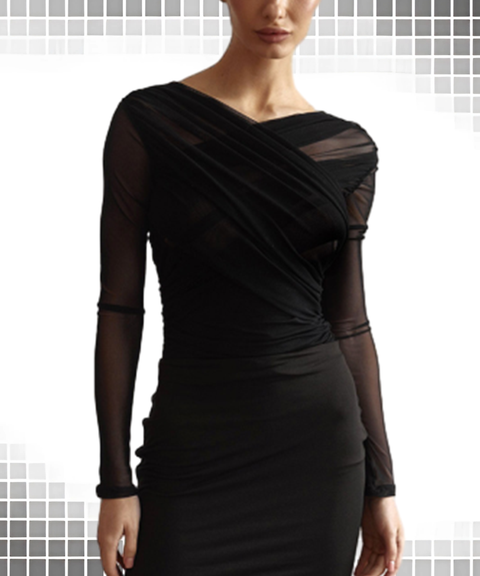 Solid Mesh Sexy Ruched Long Sleeve T-Shirt Top