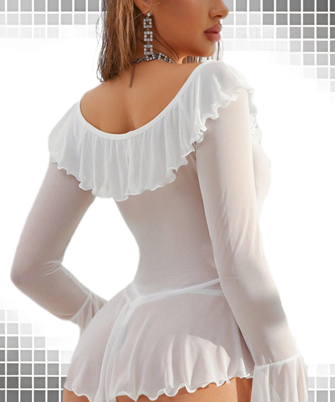Women’s Sexy Clothing, Sheer Mesh Off-Shoulder Uniform Style Erotic Lingerie, Nightout OOTD