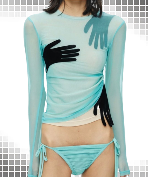 Solid Mesh Patchwork Velvet Long Sleeve Sheer Cropped Top with Hand Glove Design