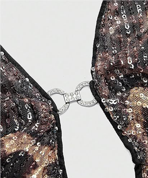 Women’s Sexy Clothing, Leopard Sequin Tie-Up Backless Halter Waist-Cinching Top, Nightout OOTD