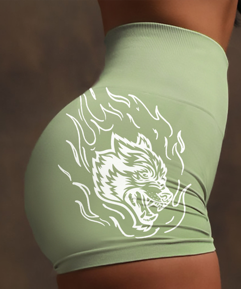 Wolf Head Print Seamless High-Stretch Knit High-Waist Yoga Butt-Lifting Shorts