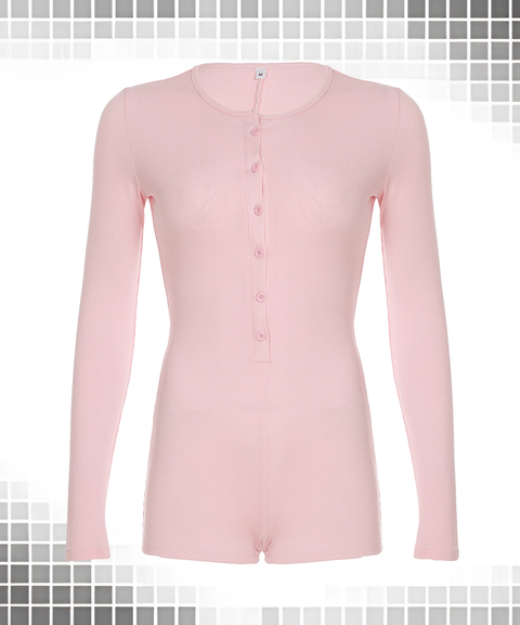 Solid Color Slim-Fit Button-Up Long Sleeve Hot Girl Romper Bodysuit