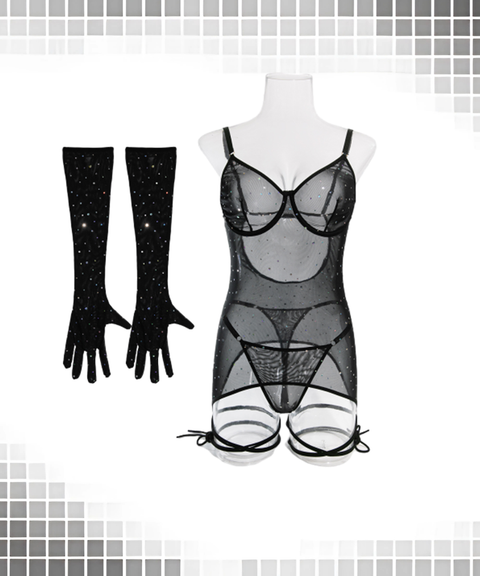Women’s Sexy Clothing, Sexy Sequin Underwire Sheer Push-Up Slimming Dress with Gloves & Straps, Nightout OOTD
