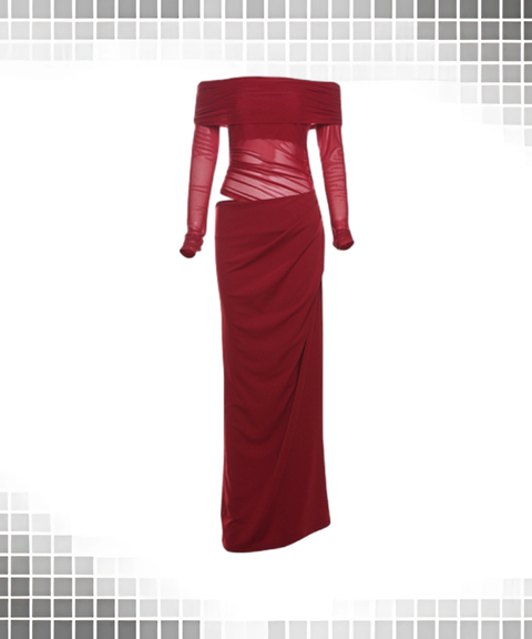 Elegant Sheer Mesh Off-Shoulder Maxi Dress