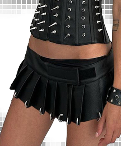 Street Dark Punk Layered Pleated Metal Leather Skirt