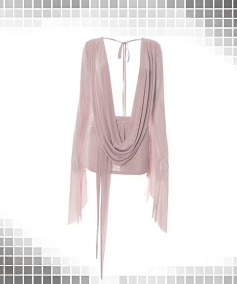 Mesh Drape Neck Long Sleeve Open-Back Flowing Dress